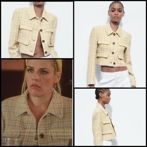Zara Cropped Yellow Tan Tweed Jacket ASO Summer Dutkowsky Blogger Favorite M